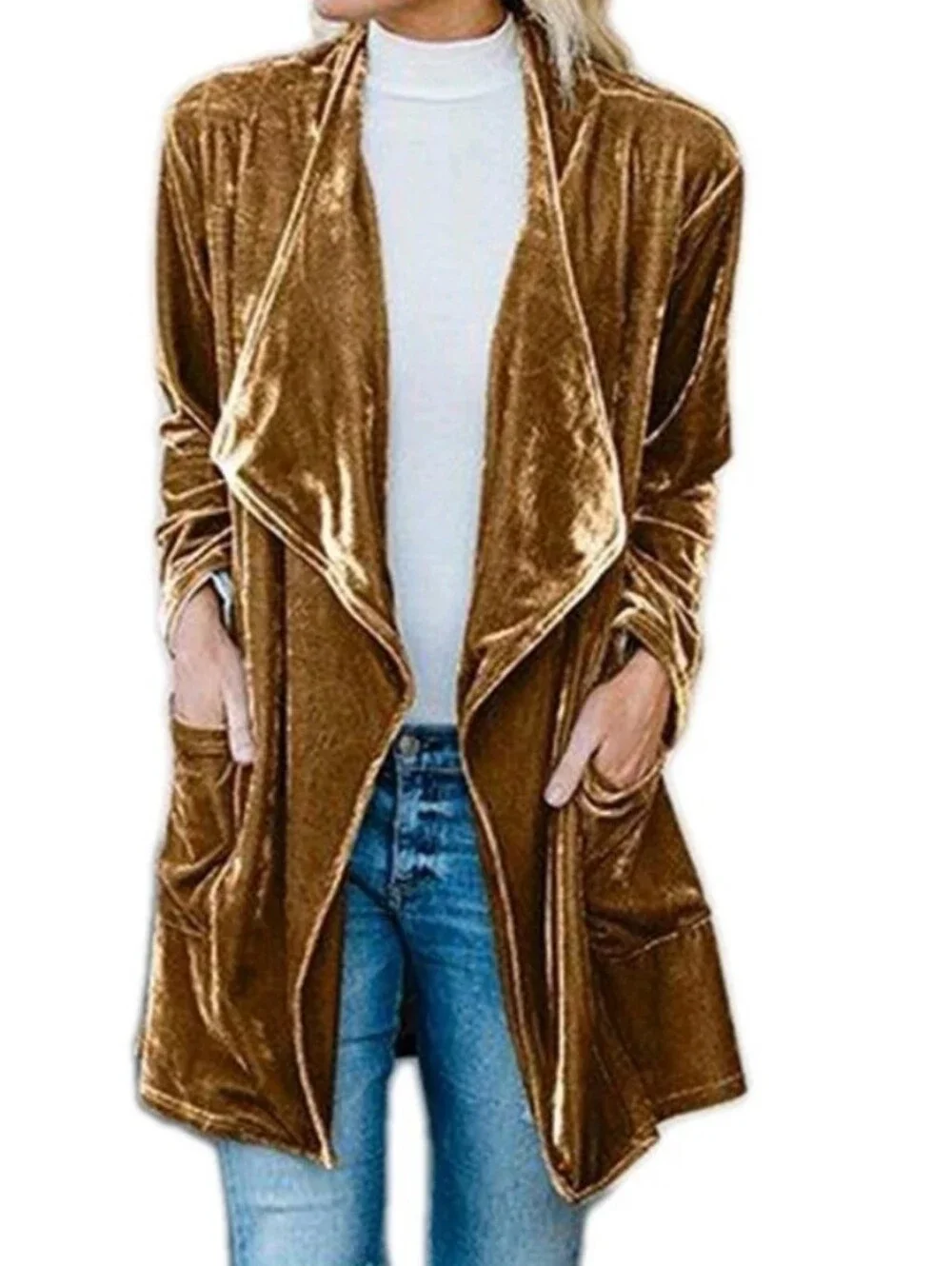 HIPSTER ROW size XL Draping Open Front Velour Cardigan Front Patch Pockets Brown